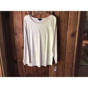AB Studio Top Size L Cream Beaded Cotton Blend Knit Soft NWT